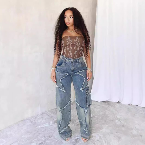 Star tassel fringed loose straight leg jeans