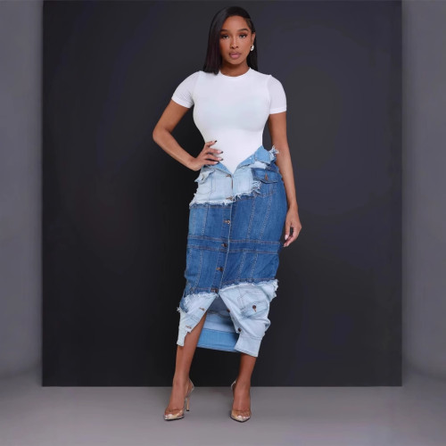 Cowboy patchwork jacket split skirt