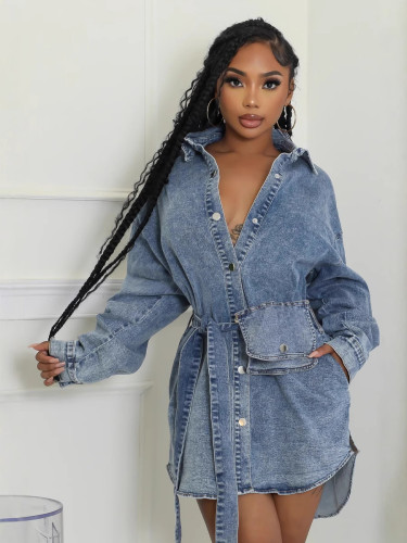 Long sleeved lace up mid length denim jacket