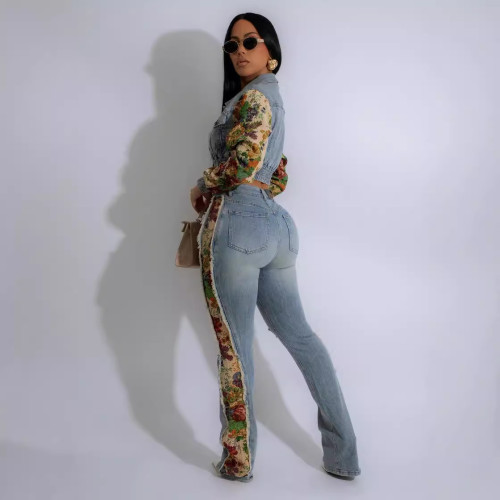 Retro Jeans Women's Splicing Two Piece Fashion Side Lace Set