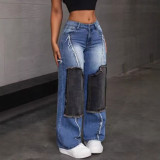 Splicing fabric denim high waisted fringed straight leg pants