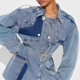 Double breasted denim jacket, loose denim windbreaker with waistband