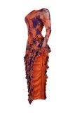 Printed dress sexy round neck backless irregular slit skirt