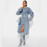Double breasted denim jacket, loose denim windbreaker with waistband
