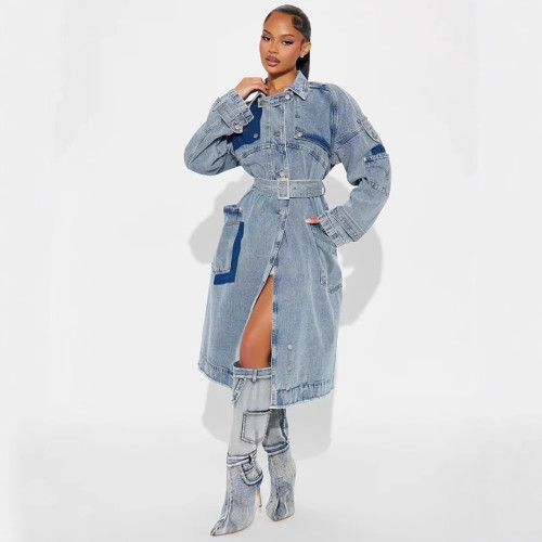 Double breasted denim jacket, loose denim windbreaker with waistband