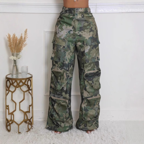Camouflage printed work pants for women with high stretch waist
