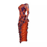 Printed dress sexy round neck backless irregular slit skirt