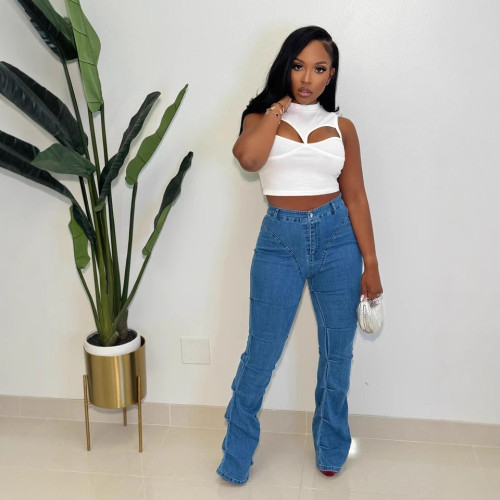 Women's pleated jeans stretch and slim leg pants