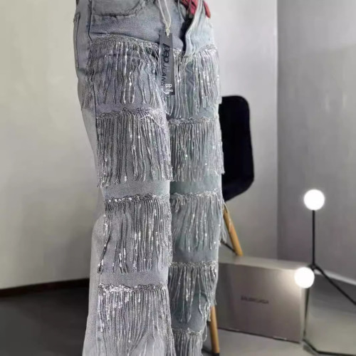 Sequin fringe design straight leg jeans for women