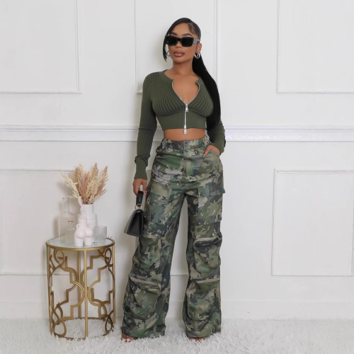 Camouflage printed work pants for women with high stretch waist