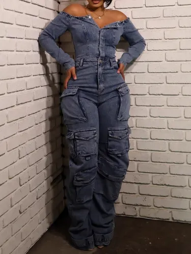 Long sleeved sexy denim jumpsuit with multiple pockets