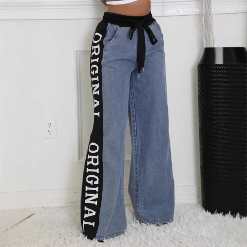 Splicing woven denim pants