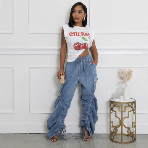 Drawstring tied leg straight leg jeans