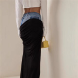 Black pleated fake two-piece spliced denim skirt