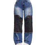 Splicing fabric denim high waisted fringed straight leg pants