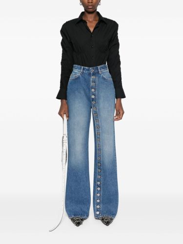High waisted elastic floor button straight leg jeans