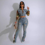Retro Jeans Women's Splicing Two Piece Fashion Side Lace Set