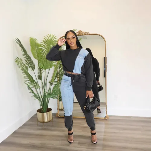 Long sleeved top and jeans two-piece set
