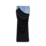 Black pleated fake two-piece spliced denim skirt