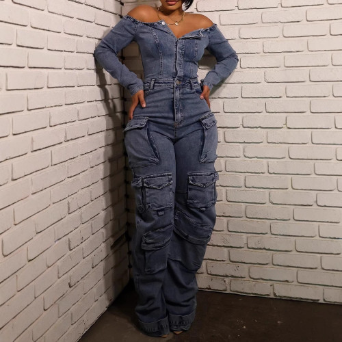 Long sleeved sexy denim jumpsuit with multiple pockets