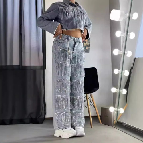 Sequin fringe design straight leg jeans for women