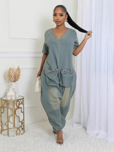 Loose crotch jumpsuit with large pockets denim suit