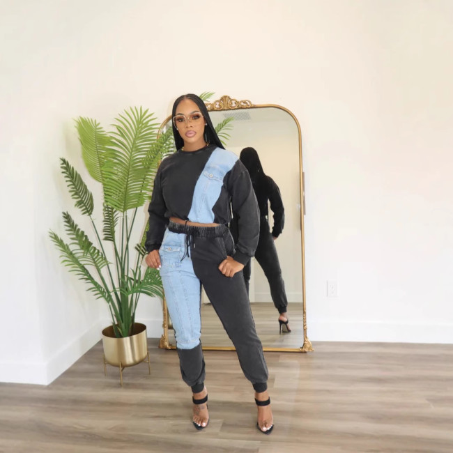 Long sleeved top and jeans two-piece set