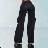 Hollow diamond work pants with multiple pockets and elastic jeans for women