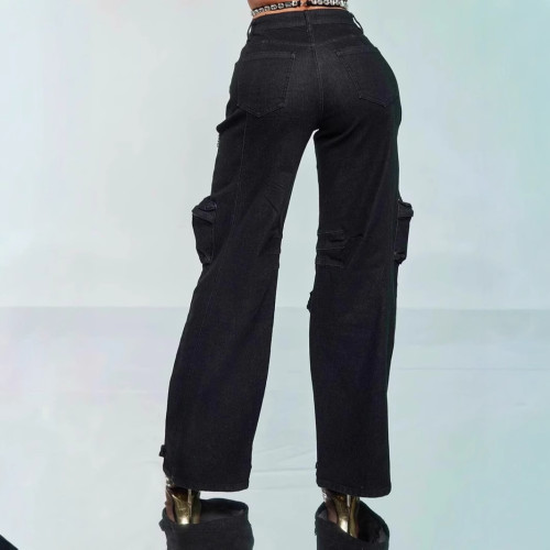 Hollow diamond work pants with multiple pockets and elastic jeans for women