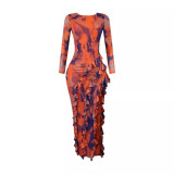 Printed dress sexy round neck backless irregular slit skirt
