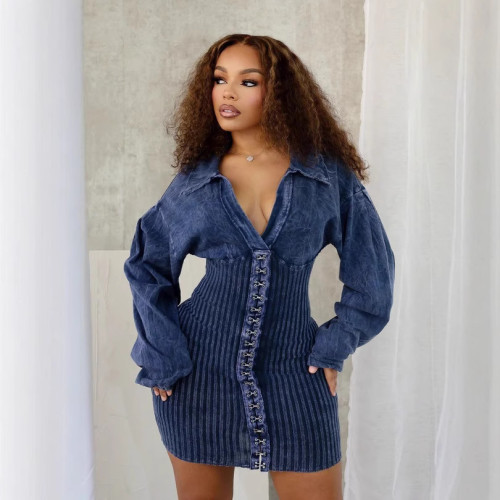 Deep V women's jumpsuit long sleeved jumpsuit denim