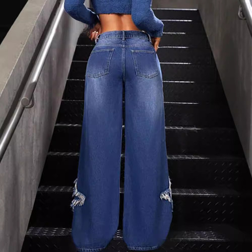 Blue jeans, women's star patch fabric, tassel fringed, loose straight leg casual pants