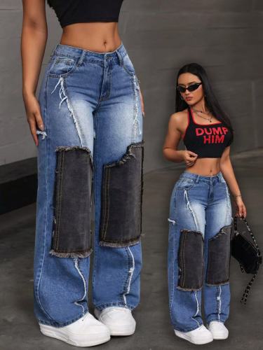Splicing fabric denim high waisted fringed straight leg pants
