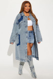 Double breasted denim jacket, loose denim windbreaker with waistband