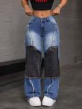 Splicing fabric denim high waisted fringed straight leg pants