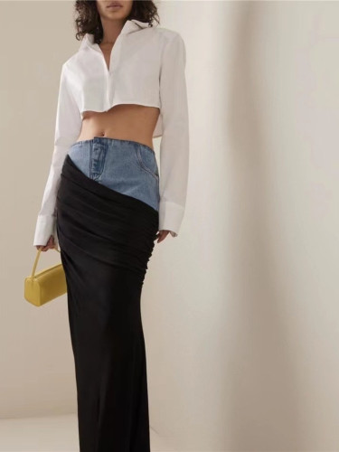 Black pleated fake two-piece spliced denim skirt