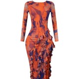 Printed dress sexy round neck backless irregular slit skirt