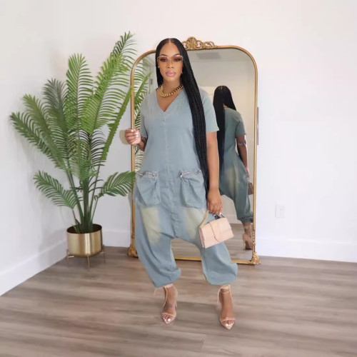 Loose crotch jumpsuit with large pockets denim suit