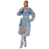 Double breasted denim jacket, loose denim windbreaker with waistband