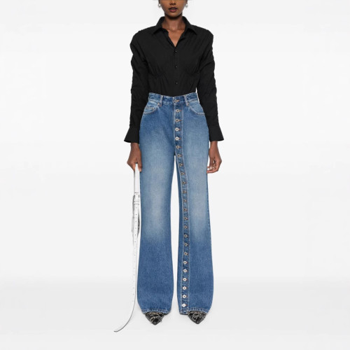 High waisted elastic floor button straight leg jeans