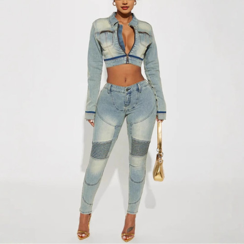 Elastic jeans two-piece jacket long pants