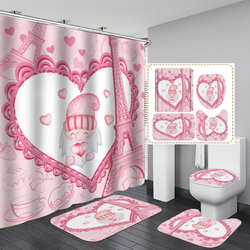 Four piece shower curtain set with plastic hooks, no need for punching shower curtains