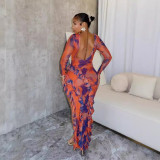 Printed dress sexy round neck backless irregular slit skirt