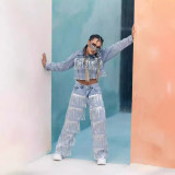 Sequin fringe design straight leg jeans for women