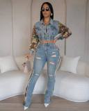 Retro Jeans Women's Splicing Two Piece Fashion Side Lace Set