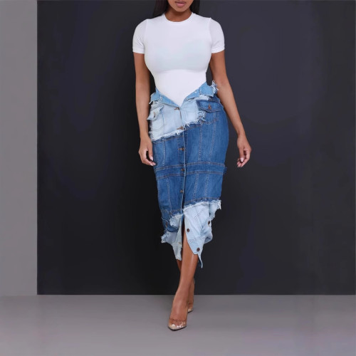 Cowboy patchwork jacket split skirt