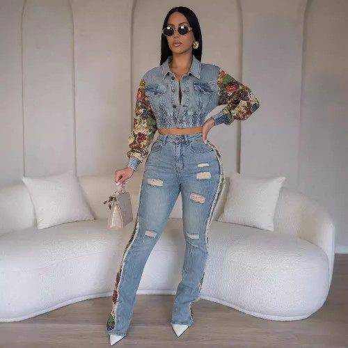 Retro Jeans Women's Splicing Two Piece Fashion Side Lace Set