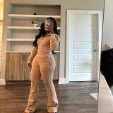 Solid color zipper sweatshirt with drawstring, long sleeved sweatshirt set