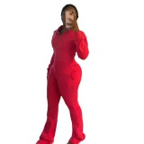 Solid color zipper sweatshirt with drawstring, long sleeved sweatshirt set