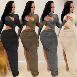 C5550 Cross border New Product AliExpress Amazon Ebay Solid Color Round Neck Long Sleeve Hollow Open Skirt Dress
